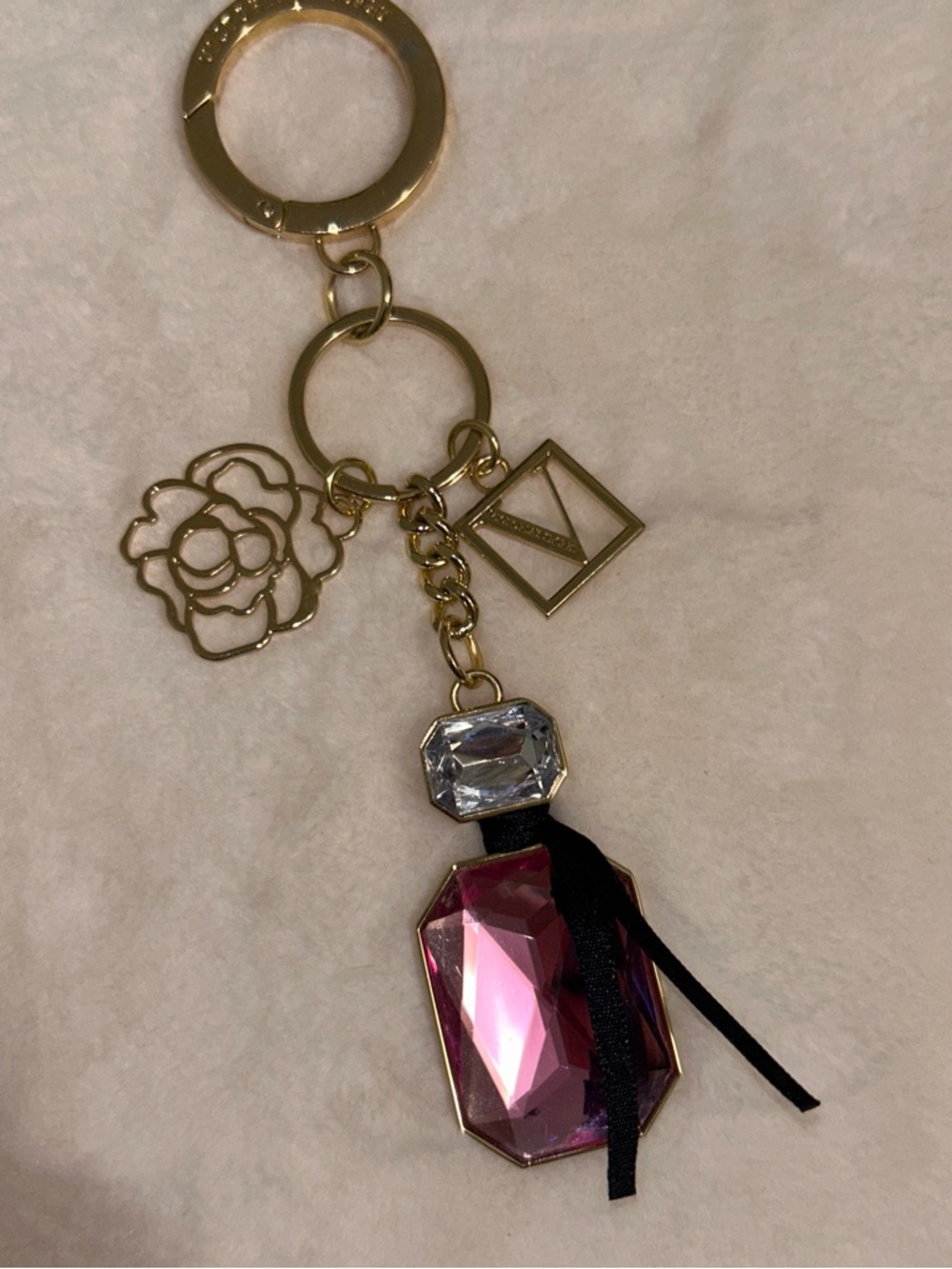 PINK Victoria's Secret Gold Tone Keyring with Pink Gem & Clear Accent